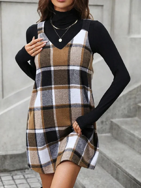 Plaid V-Neck Wide Strap Dress Halter unclassified dresses