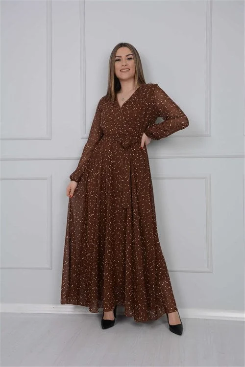 Point Detailed Chiffon Dress - Brown Velvet unclassified dresses