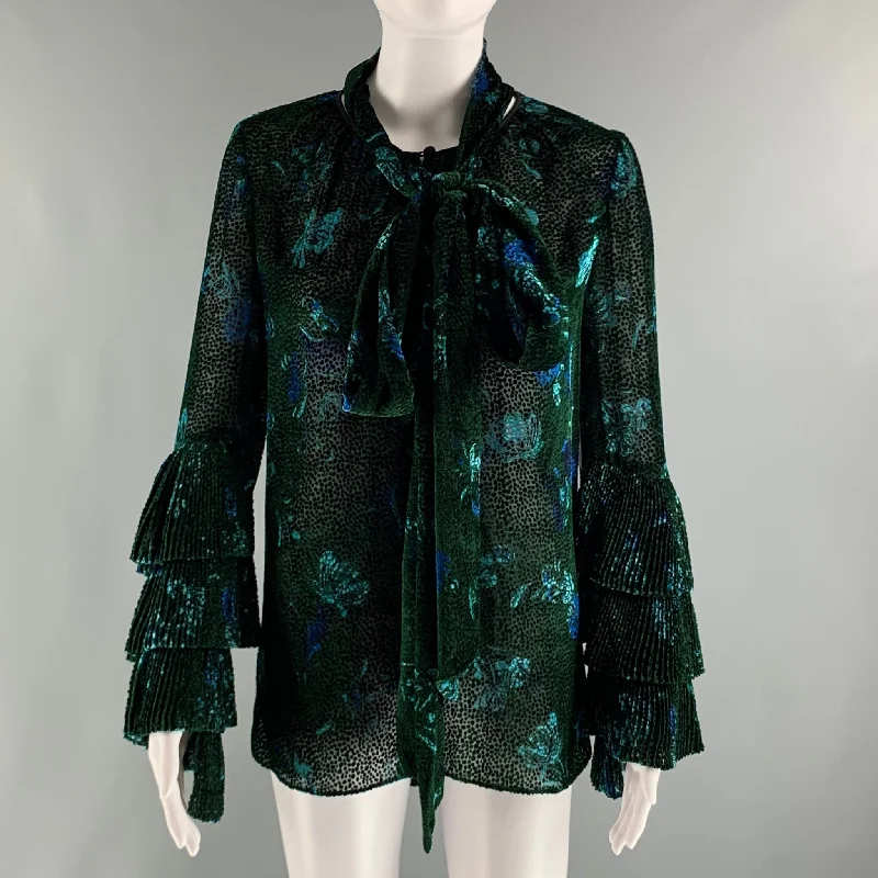 PRABAL GURUNG Size 0 Green Black Viscose  Silk Abstract floral V-Neck Dress Top Plus size floral dresses