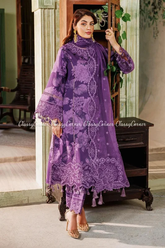 Purple Printed Lawn 3pc Suit Lace floral dresses