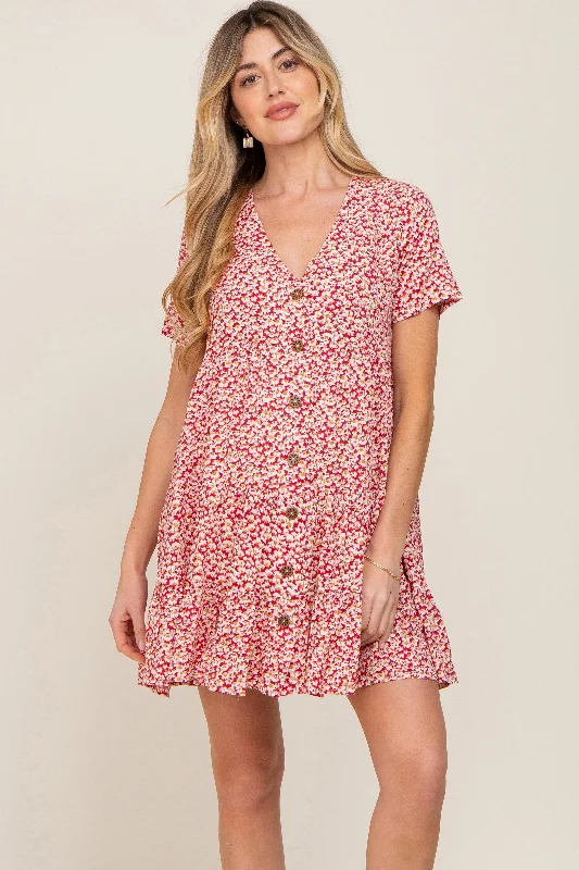 Red Floral Button Down Tiered Maternity Dress Versatile floral dresses for all occasions