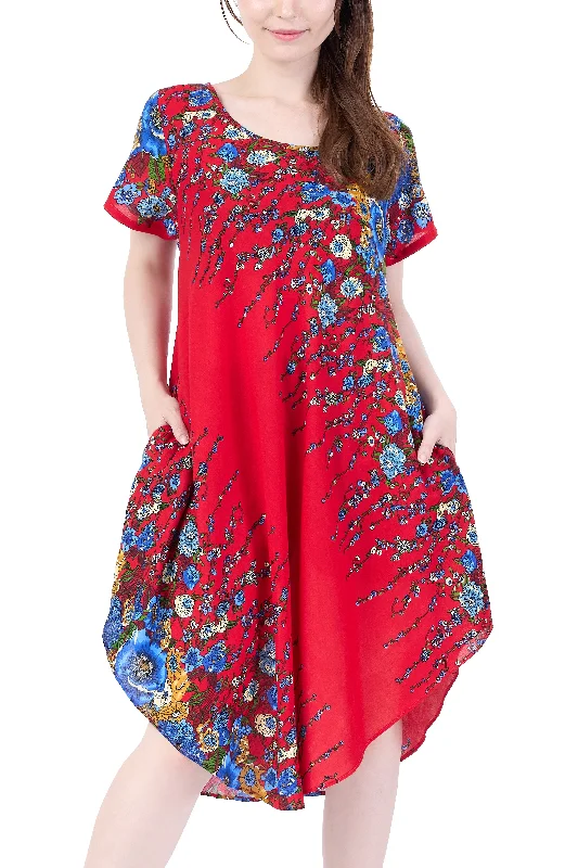 Red Flower fabric Dress with Sleeves and Two Pockets Designer unclassified dresses