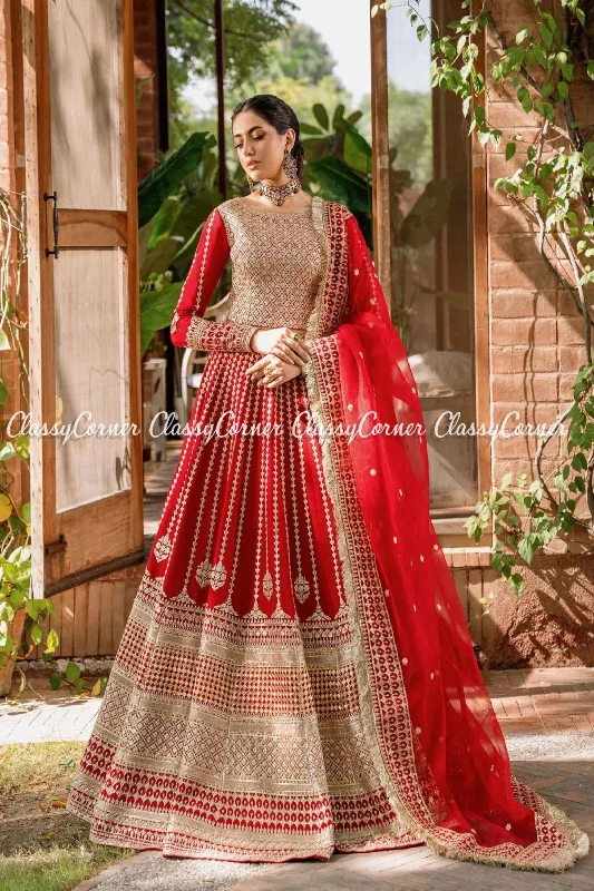 Red Golden Raw Silk Organza Embroidered Bridal Wear Lehenga Best-selling unclassified dresses