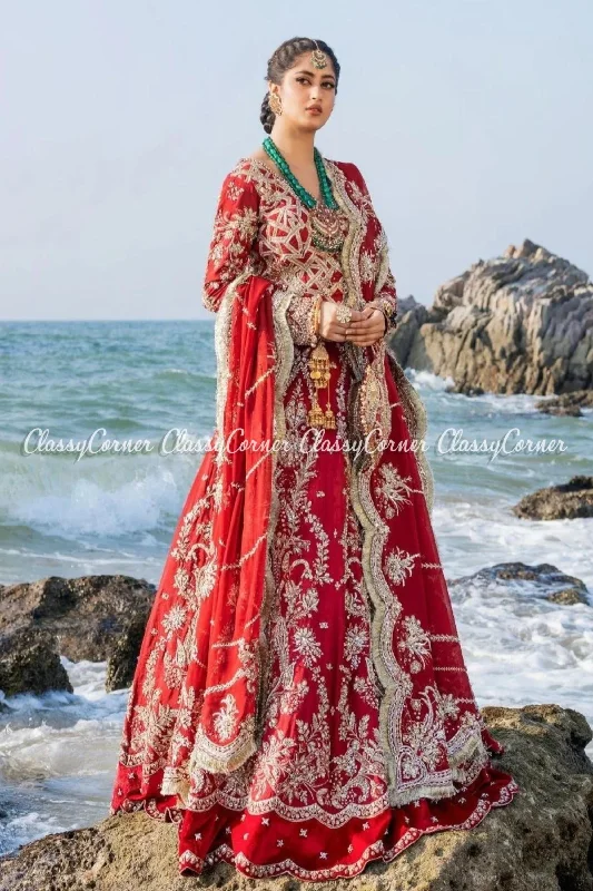 Red Golden Silk Embellished Bridal Wear Lehenga A-line unclassified dresses