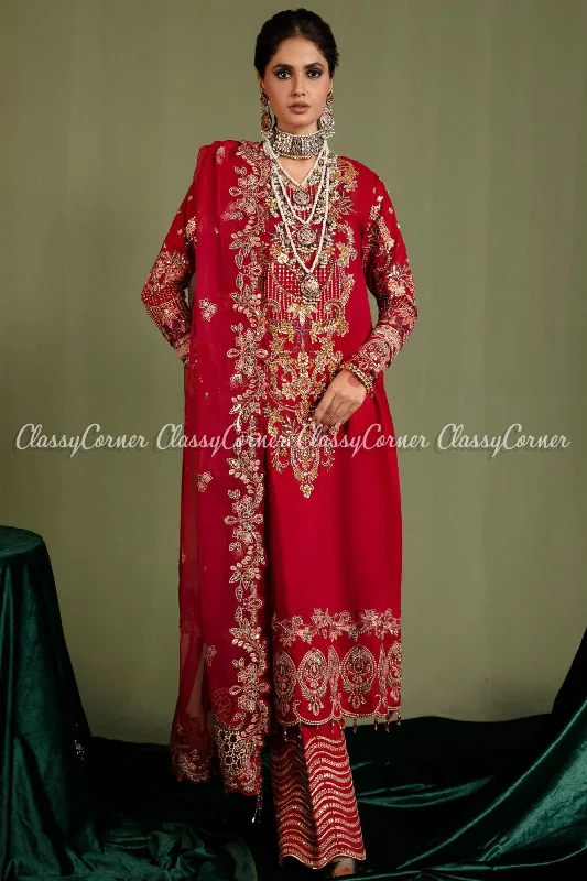 Red Golden Silk Embroidered Pakistani Salwar Kameez Y2K unclassified dresses