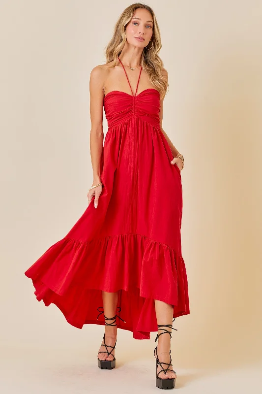 Red Halter Neck High-Low Hem Dress Breathable unclassified dresses