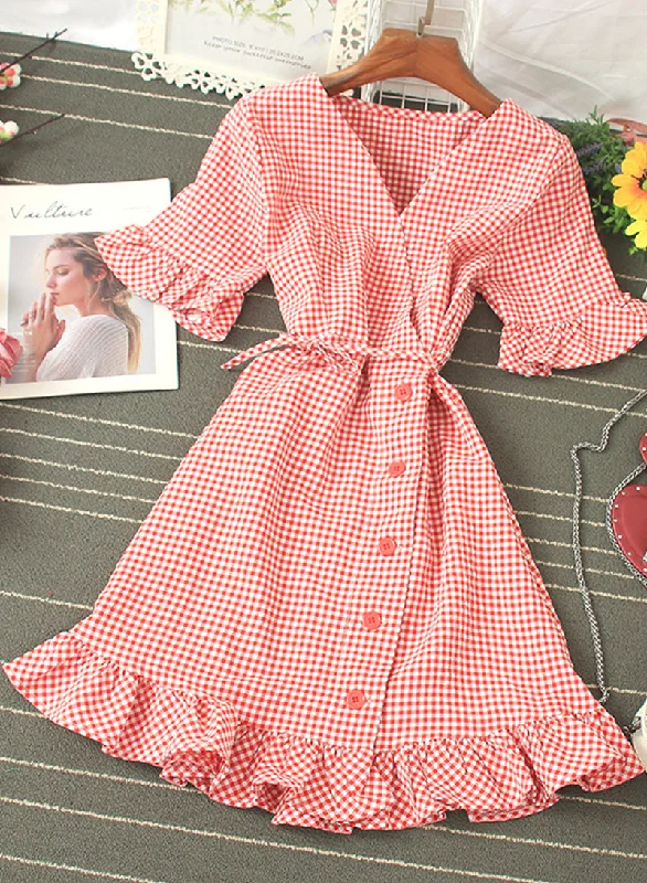 Retro v neck plaid dress women's dress  1202 Ruched unclassified dresses