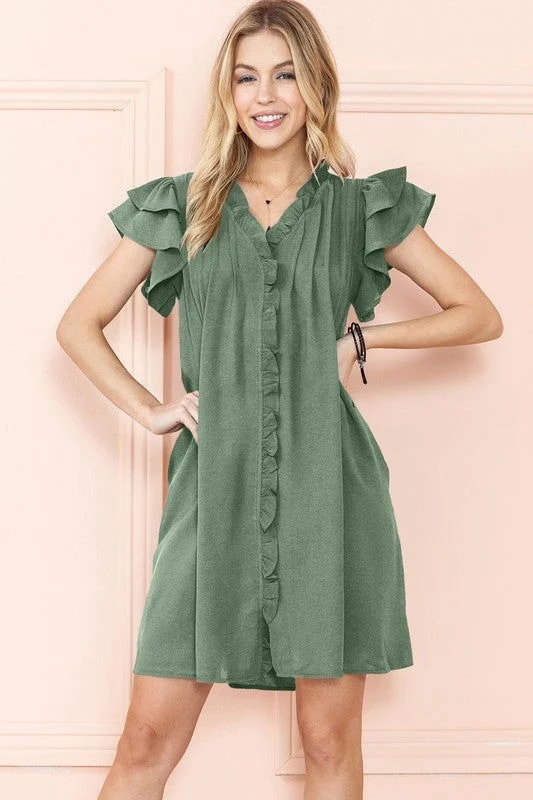 Ruffle Sleeve V neck Green, Black dress w/ pocket Street style unclassified dresses