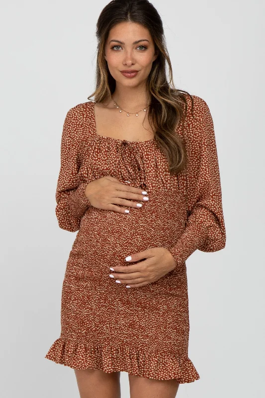 Rust Leaf Print Smocked Maternity Dress Short floral dresses