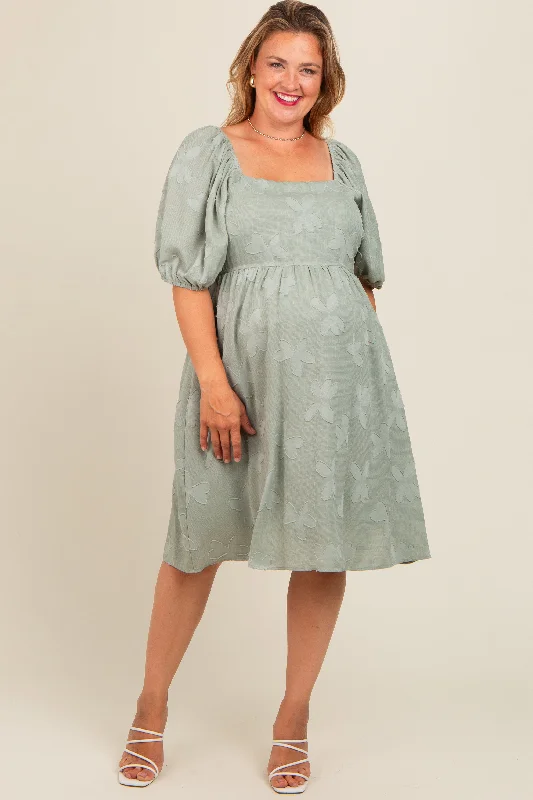 Sage Textured Floral Square Neck Puff Sleeve Maternity Plus Dress Shein floral dresses