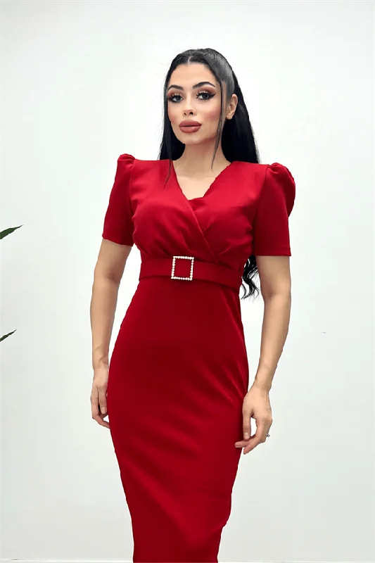 Scuba Fabric Belt Detailed Pen Dress - Red Earthy tone unclassified dresses