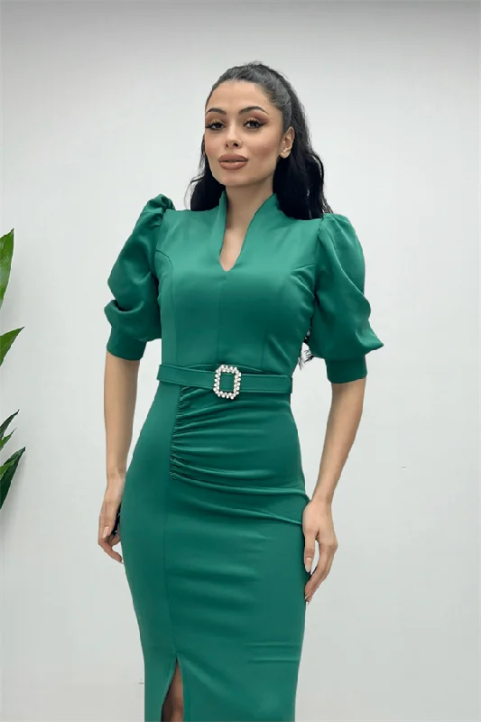 Scuba Fabric Upright Collar Dress - Emerald Green High-end unclassified dresses