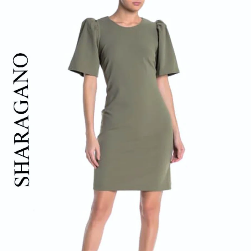 SHARAGANO Elbow Sleeve Shift Dress Olive Elegant unclassified dresses