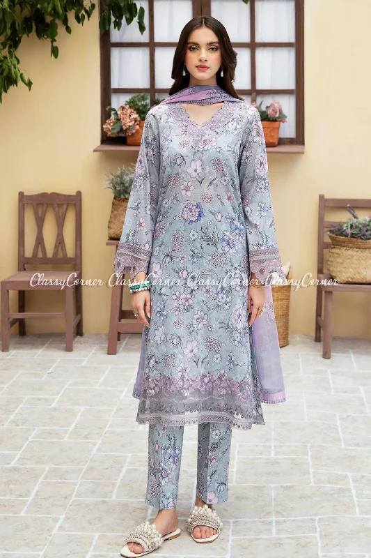 Sky Blue Lawn Printed 3PC Suit Smocked floral dresses