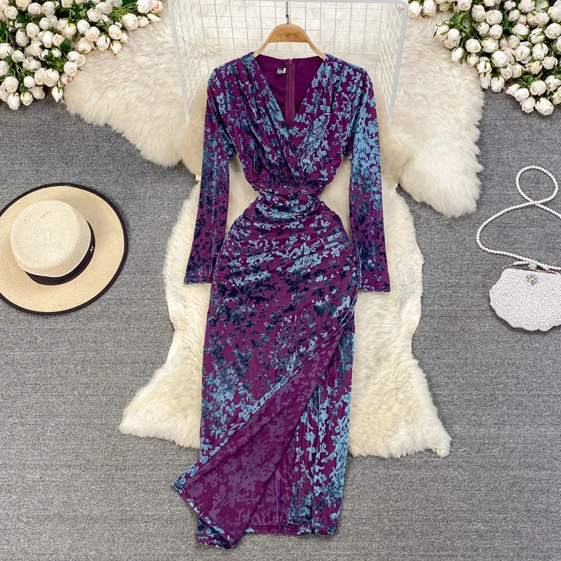 Slim, thin, split temperament, bronzed print V-neck dress  3767 Beach floral dresses