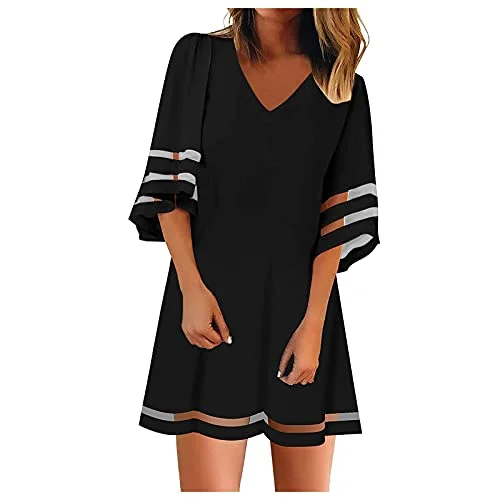 Spring Dresses For Women, Casual Crewneck Mesh Patchwork 3/4 Bell Sleeve Loose A-line Tunic Dress, Casual Sundresses | Original Brand Short unclassified dresses