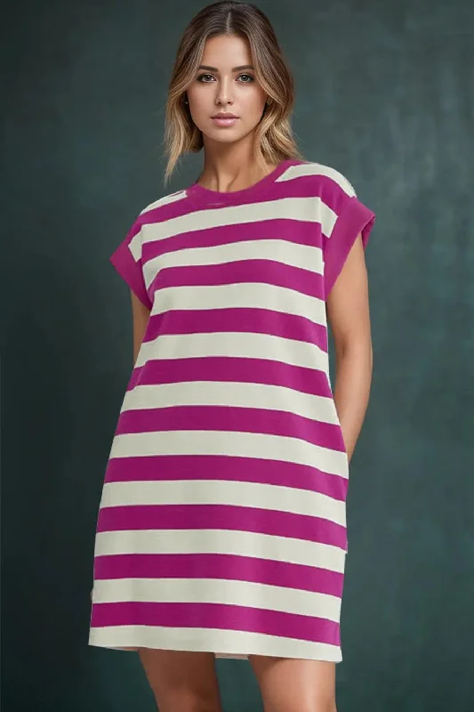 Striped Round Neck Cap Sleeve Dress Silk unclassified dresses