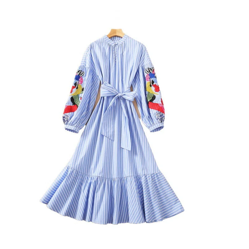 Summer Embroidery Lantern Sleeve Stripe Blue Dress Y2K unclassified dresses