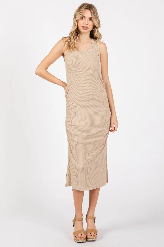 Taupe Sleeveless Ribbed Ruched Dress Budget-friendly unclassified dresses