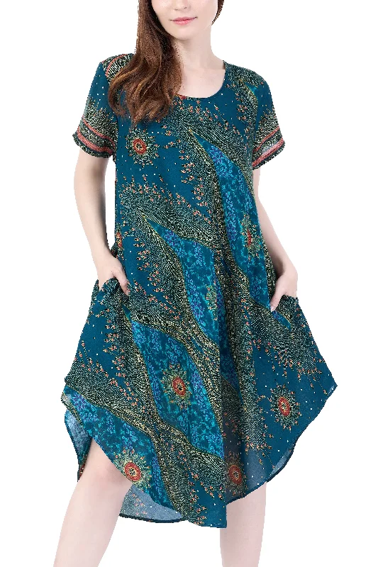 Teal Flower Eye Dress with Sleeves and Two Pockets Plus size unclassified dresses