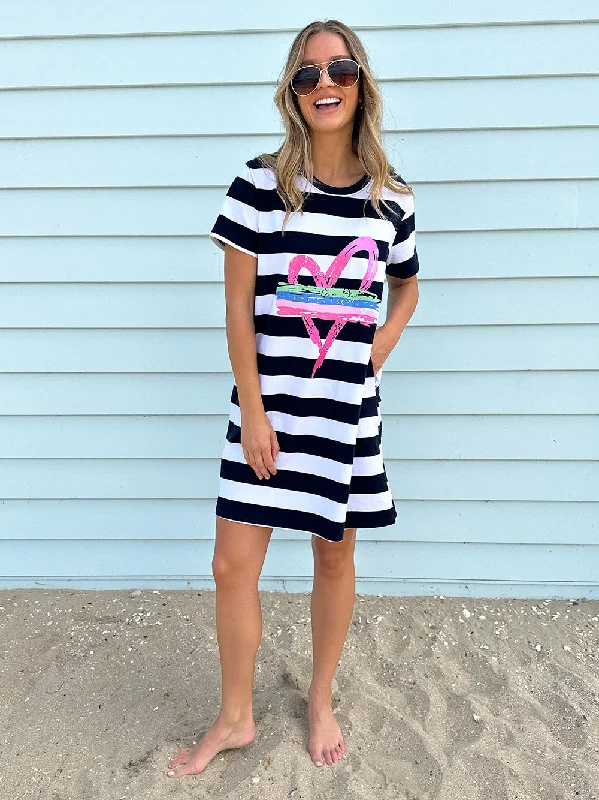 Threadz Pink Heart Stripe Dress Navy/White Bright color unclassified dresses