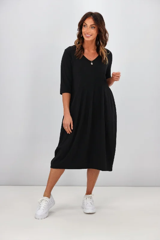 Tirelli V Neck Diagonal Seam Dress Black Travel unclassified dresses