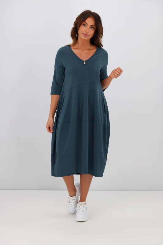 Tirelli V Neck Diagonal Seam Dress Deep Teal Petite unclassified dresses