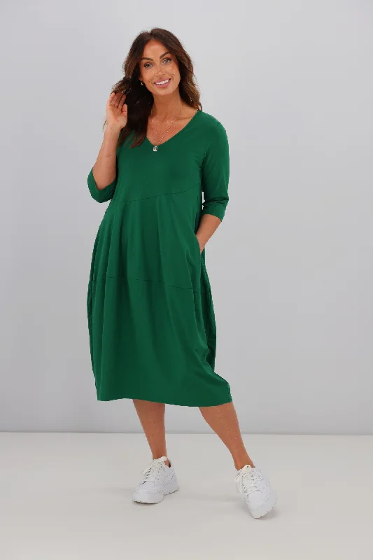 Tirelli V Neck Diagonal Seam Dress Emerald Off-shoulder unclassified dresses