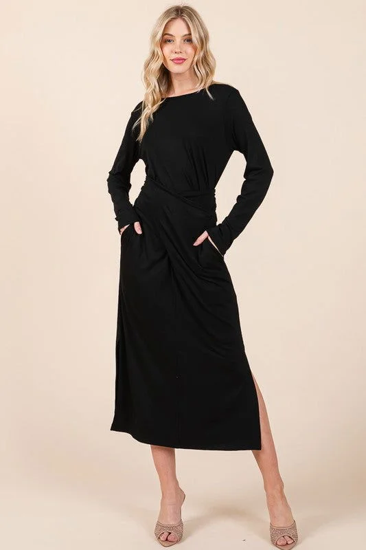 Waist Wrap Dress-with Pockets-SOLID Long unclassified dresses