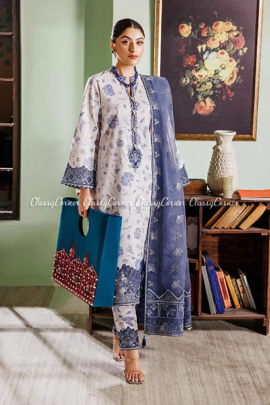 White Blue Printed Lawn Suit Satin floral dresses