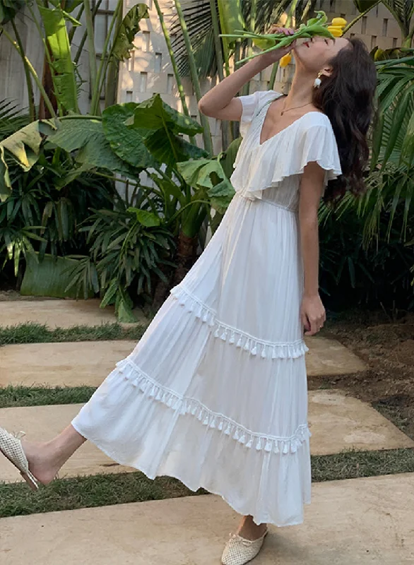 White v neck fringed dress fashion girl dress  1212 Street style unclassified dresses