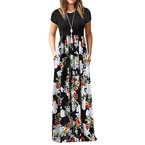 Women Dresses Promotion Sale Ladies Fashion O-Neck Casual Loose Floral Print Short Sleeve Dress Long Skirt Party Eleagant Dress UK Size S-3XL Front Pocket Maxi