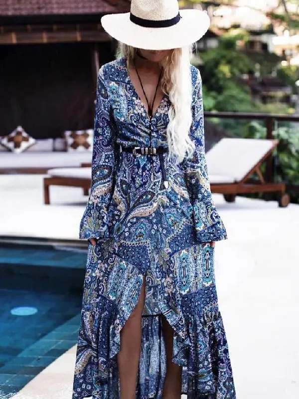 (Buy 1 Get 1) Women Ramadan /Eid Fashion Boho Paisley Printing Long Sleeve Dress Elegant floral dresses