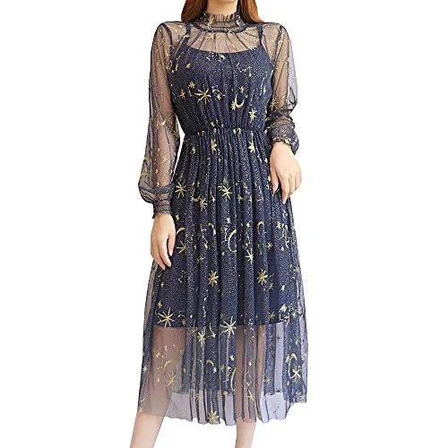 Women Summer Chiffon Dress Stars Moon Print Embroidered Skirt Long Puff Sleeve Princess Dress Black Maxi Skirt