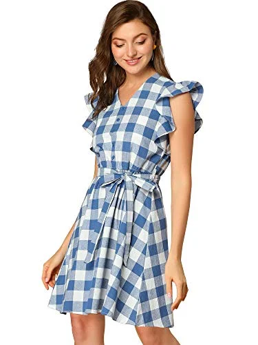 Women's Casual Plaids Ruffled Sleeve Sundress A-Line Vintage Gingham Check Dress | Original Brand Discounted unclassified dresses