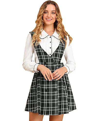 Women's Checks Overalls Tartan A-line Button Front Overall Pinafore Dress Breathable unclassified dresses