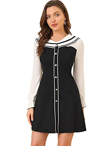 Women's Doll Collar Color Block Lond Sleeve Chiffon Dress Backless unclassified dresses