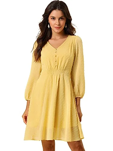 Women's Elastic Waist V Neck 3/4 Sleeve A-line Solid Flowy Chiffon Dress Boho unclassified dresses