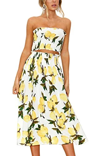 Women's Floral Crop Top Maxi Skirt Set 2 Piece Outfit Dress Trendy Maxi Skirt