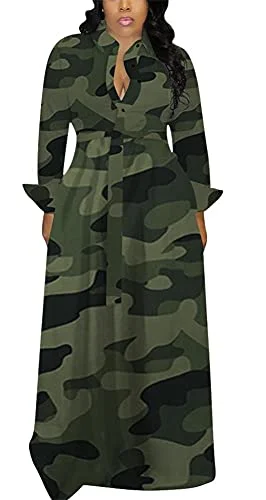 Women's Long Sleeve V Neck Long Maxi Dress Loose African Floral Print A Line Skirt Dresses Plus Size with Belt | Original Brand Boho Chic Maxi