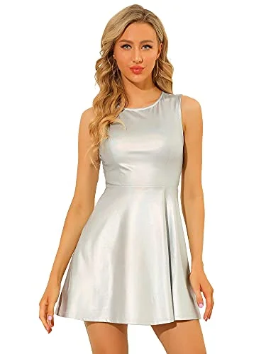 Women's Metallic Sleeveless Round Neck High Waist Holographic Flare Dress Satin unclassified dresses