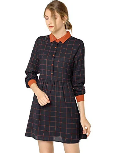 Women's Plaid Vintage Casual Loose Fit Half Placket Contrast Collar Dress Corset unclassified dresses