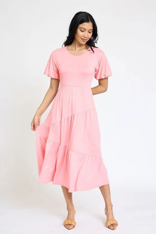 Plus Solid Diagonal Tiered Flowy Dress Breathable unclassified dresses