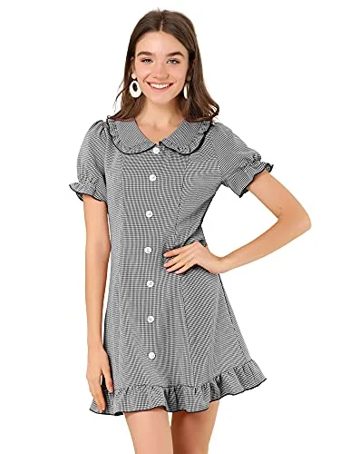 Women's Ruffle Peter Pan Collar Casual Button Up Plaid Checkered Dress Summer unclassified dresses