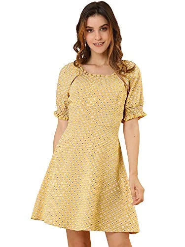 Women's Vintage Daisy Smocked Gingham Plaid Puff Sleeve Peasant Summer Ruffled Dress | Original Brand Sexy unclassified dresses