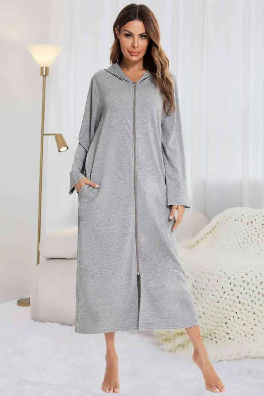 Zip Front Hooded Night Dress with Pockets Minimalist unclassified dresses