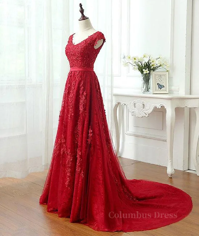 A Line Cap Sleeves Burgundy Lace Long Corset Prom Dress with Appliques, Burgundy Corset Formal Dress, Burgundy Evening Dress outfit Tiered Lace Gown