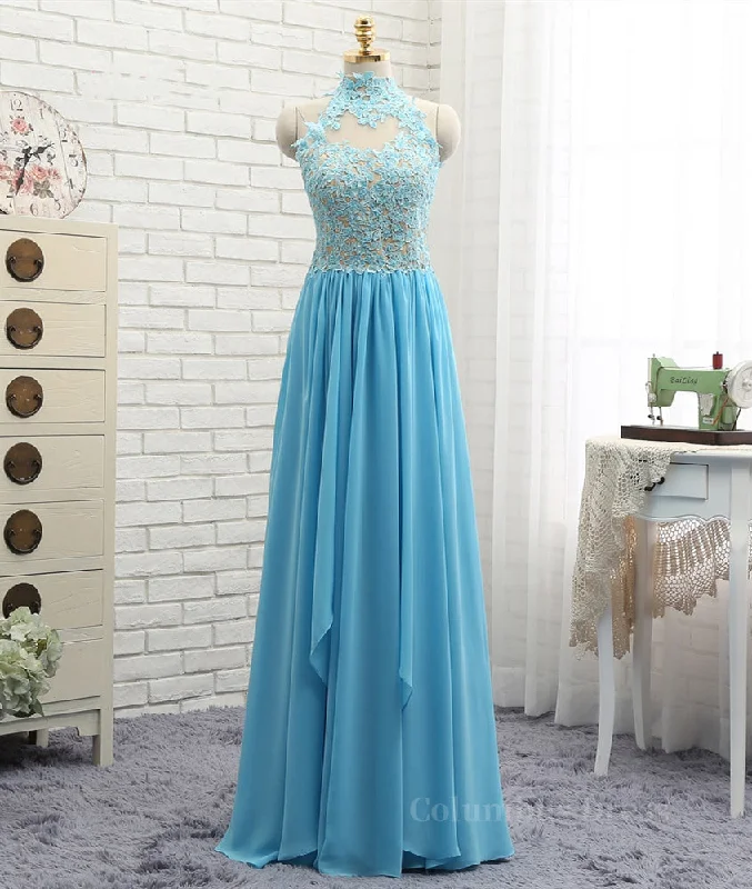 A Line High Neck Open Back Lace Chiffon Ruffles Blue Long Corset Prom Dresses, Blue Lace Corset Formal Dresses, Blue Lace Graduation Dresses outfit Lace Party Dress