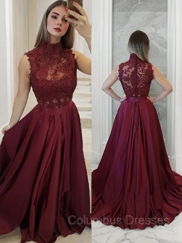 A-Line/Princess High Neck Sweep Train Satin Prom Dresses With Appliques Lace Soft Lace Dress