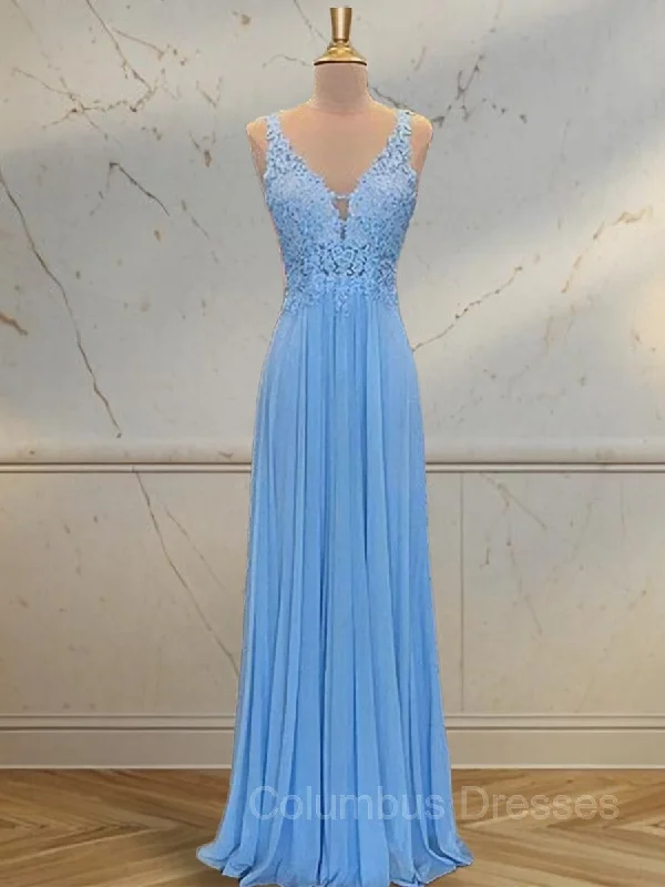 A-Line/Princess Spaghetti Straps Floor-Length Chiffon Prom Dresses With Appliques Lace Lace Dress Sparkly